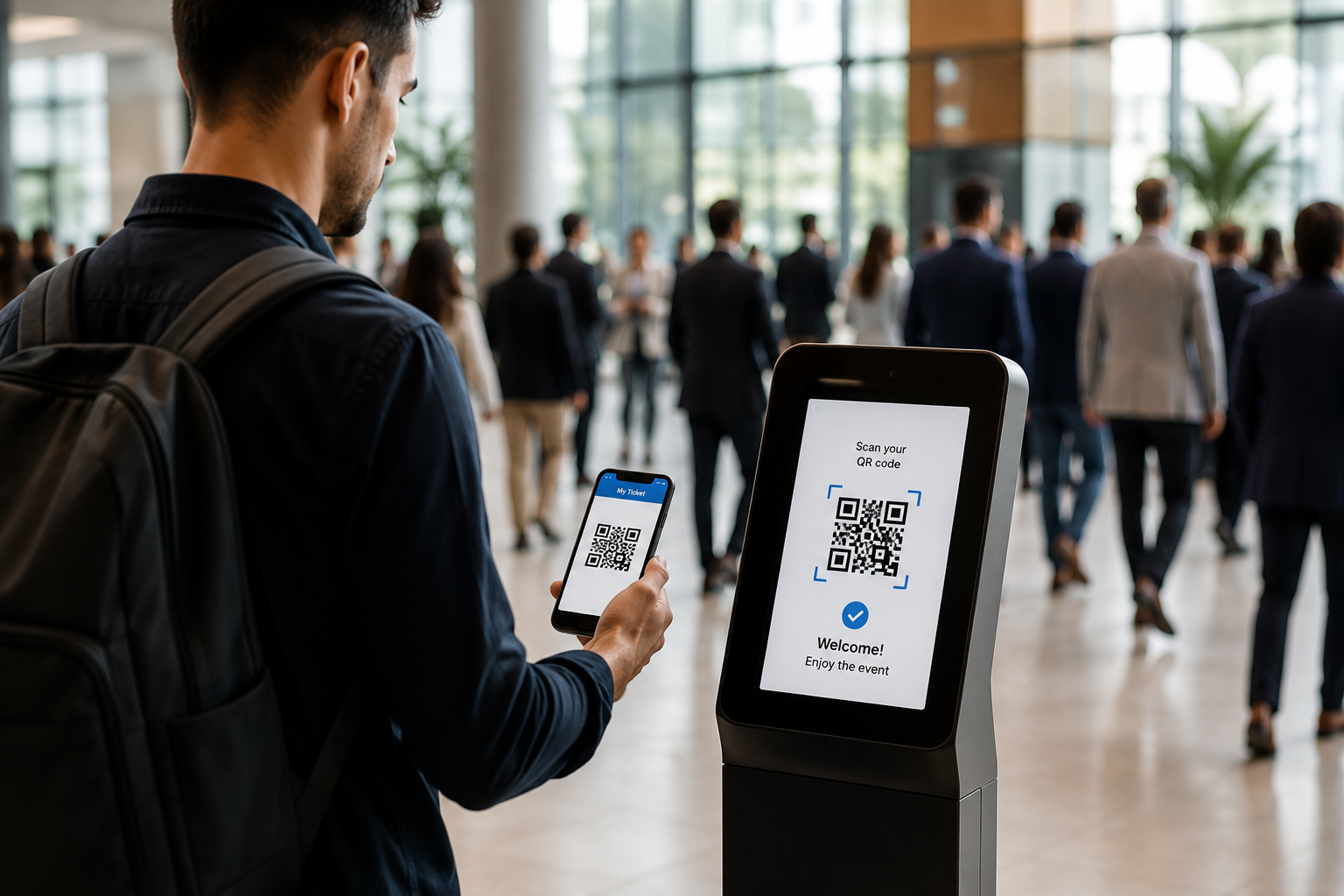 Besucher scannt QR-Code am Check-in-Kiosk